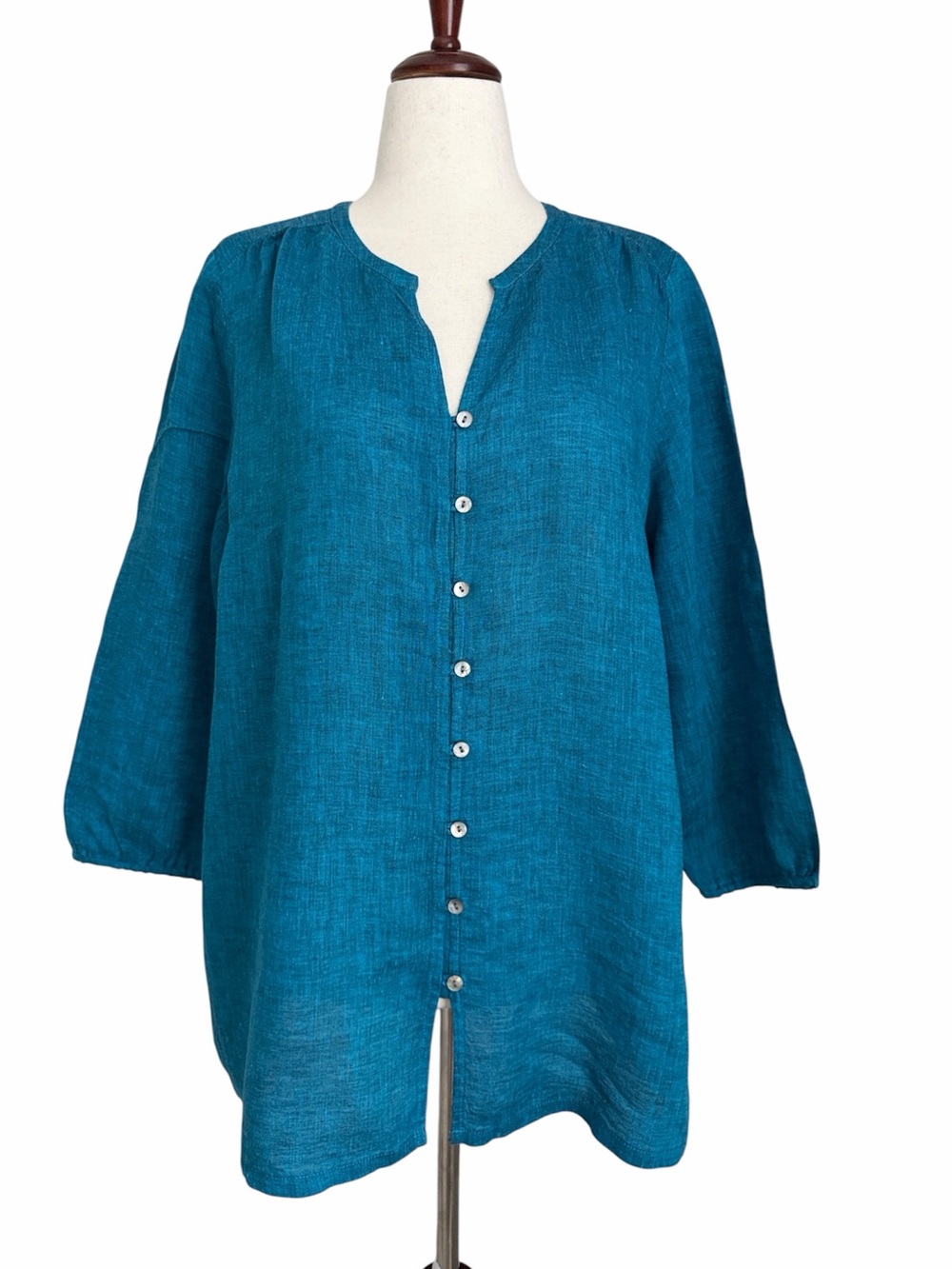 Pure Jill Womens L 100% Linen Teal Button Front Tunic Top Long Sleeve Large - Picture 2 of 9